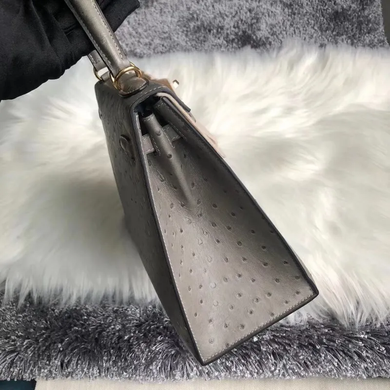 Hermes Gris Asphalt Pštrosí Kelly 25cm Ručně vyráběná taška