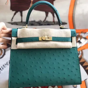 Hermes Vert Vertigo Pštrosí Kelly 25cm Ručně vyrobená taška