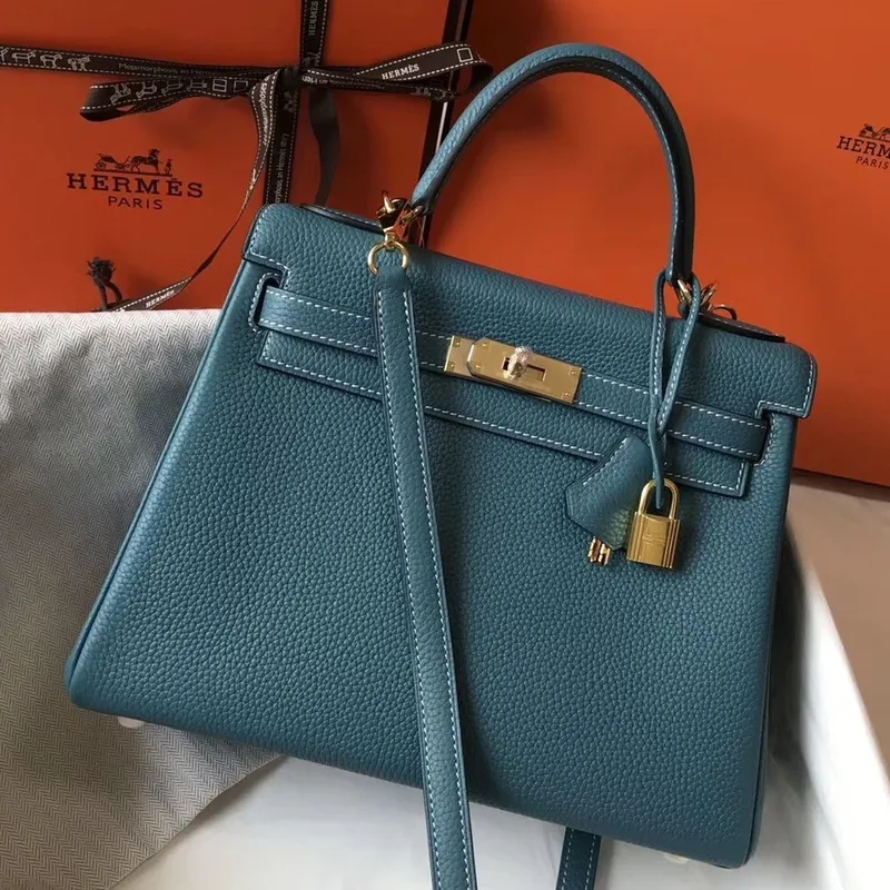 Hermès Blue Jean Clemence Kelly 28cm Taška