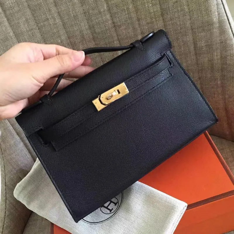 Hermès černá Kelly pochette Epsom ručně vyráběná taška