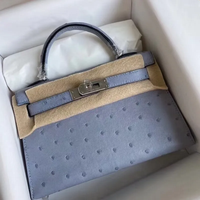 Hermes Blue Lin Pštrosí Kelly Mini II Ručně vyráběná taška