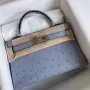 Hermes Blue Lin Pštrosí Kelly Mini II Ručně vyráběná taška
