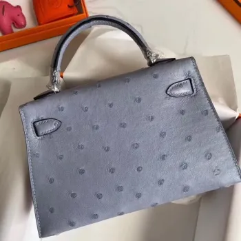 Hermes Blue Lin Pštrosí Kelly Mini II Ručně vyráběná taška
