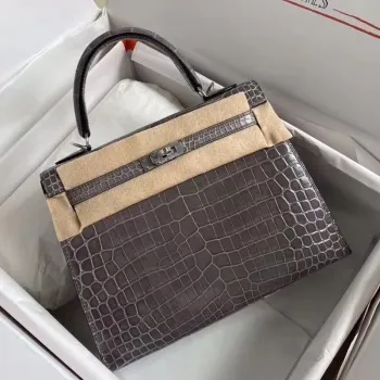 Hermes Grey Kelly 25cm Lesklá Niloticus Krokodýlí Kůže Taška