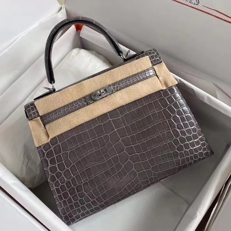 Hermes Grey Kelly 25cm Lesklá Niloticus Krokodýlí Kůže Taška