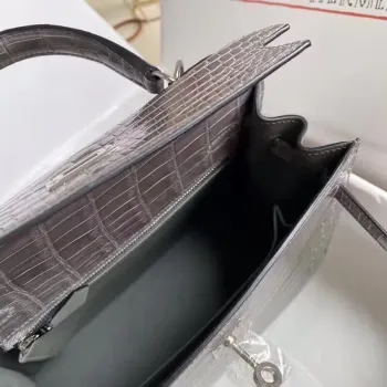 Hermes Grey Kelly 25cm Lesklá Niloticus Krokodýlí Kůže Taška