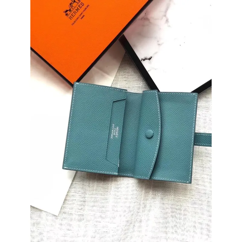 Hermes Bearn Mini Peněženka v modrém džínovém Epsom kůži