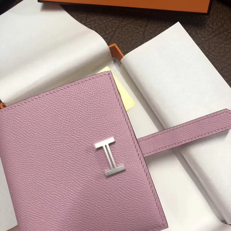 Hermes Bearn Kompaktní Peněženka v Růžové Epsom Kůži