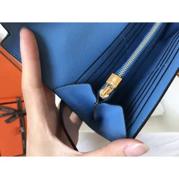 Kelly Classic Dlouhá Peněženka v Modrém Džínovém Epsom Kůži