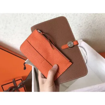 Hermes Bicolor Dogon Duo Peněženka v Hnědé/Oranžové Kůži